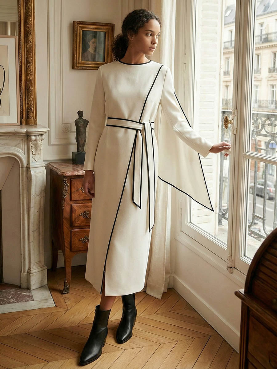 Olivia Bennet | Long Sleeves Minimalist Belted Comfort Contrast Color Round-Neck Midi Dresses