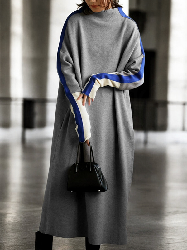 Olivia Bennet | Long Sleeves Loose Contrast Color Stand Collar Maxi Dresses