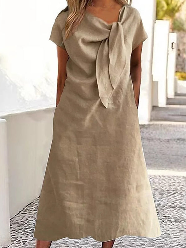 Olivia Bennet | Loose Raglan Sleeve Asymmetric Solid Color Split-Joint Round-Neck Midi Dresses