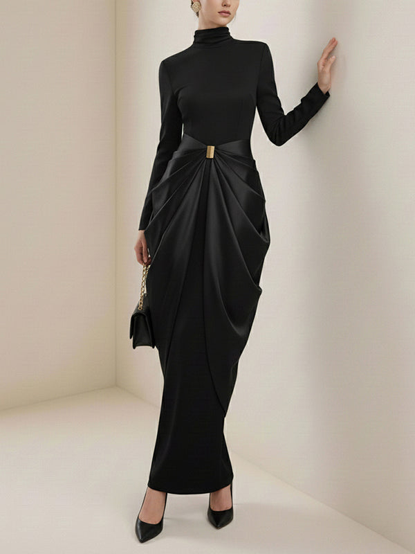 Olivia Bennet | Long Sleeves Buckle Draped High-Neck Evening Dresses Maxi Dresses