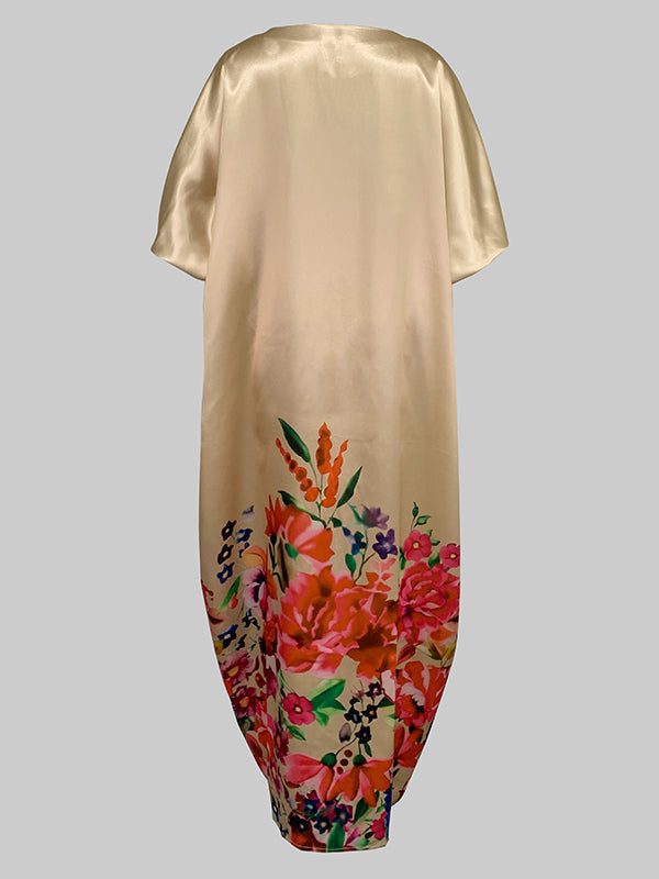 Olivia Bennet | A-Line Half Sleeves Elasticity Flower Print Split-Front V-Neck Maxi Dresses