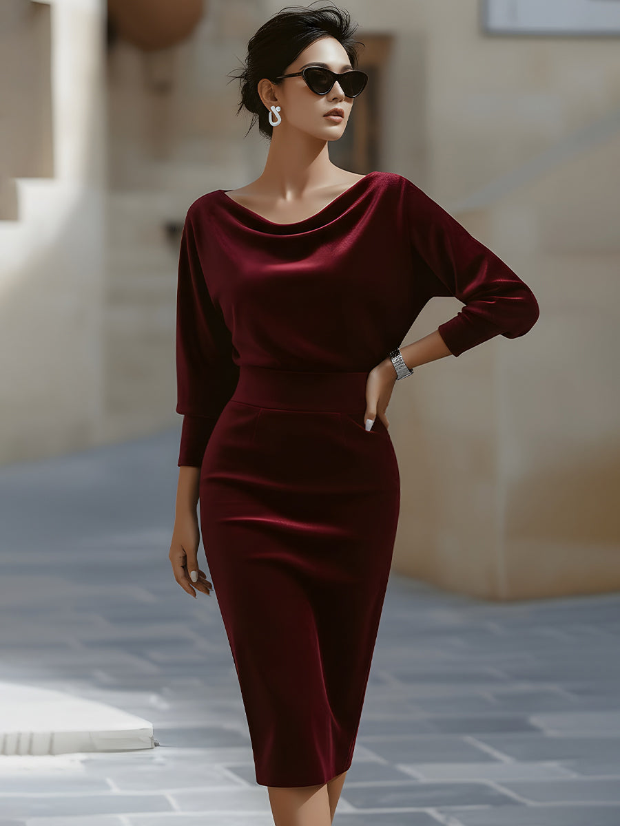 Olivia Bennet | Draped Boat-Neck Velvet Pencil Dress