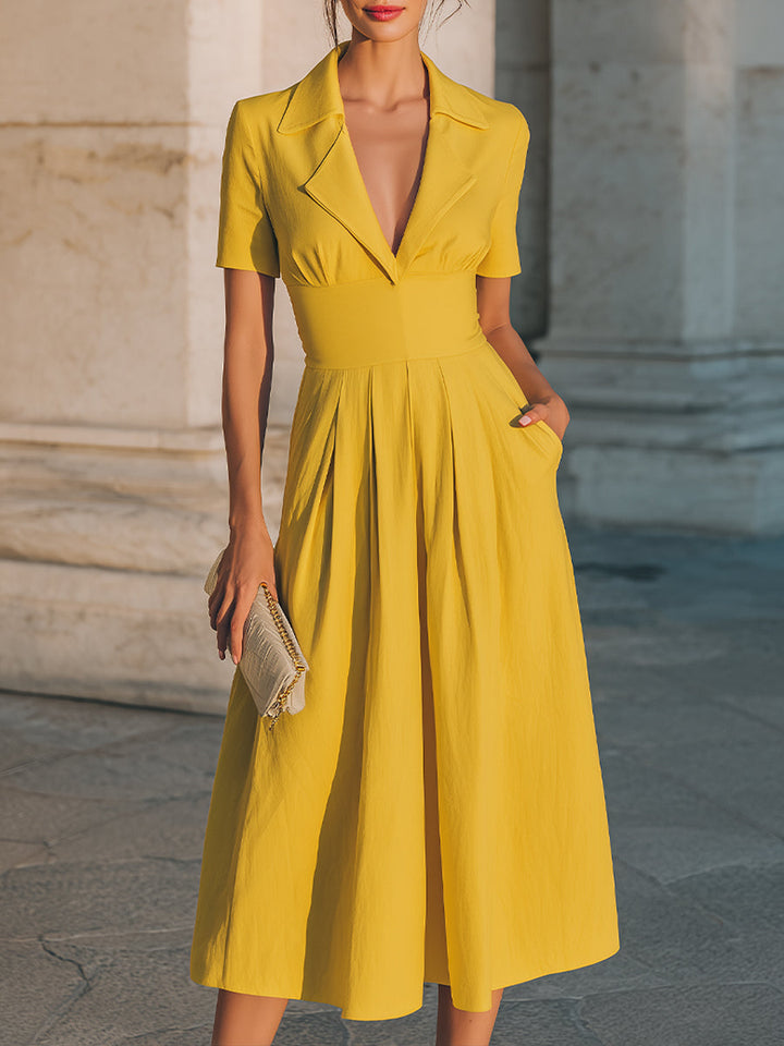 Olivia Bennet | Ivory Collared, Structured-Waist Cotton Midi Dress