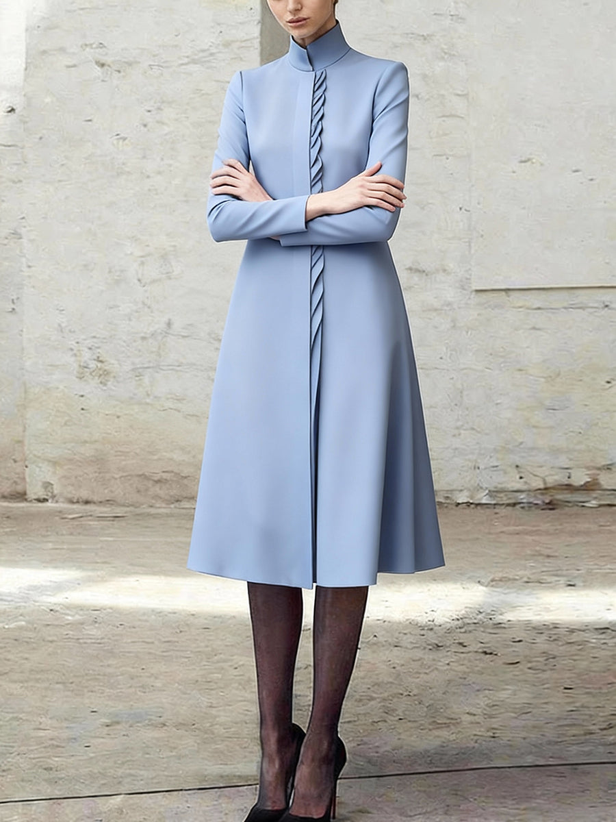 Olivia Bennet | A-Line Bodycon Asymmetric Pleated Pockets Solid Color Split-Joint Stand Collar Midi Dresses