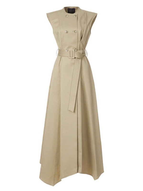 Olivia Bennet | A-Line High Waisted Belted Buttoned Pockets Solid Color Round-Neck Maxi Dresses