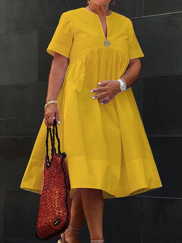 Olivia Bennet | Loose Short Sleeves Solid Color Deep V-Neck Midi Dresses Shirt Dress