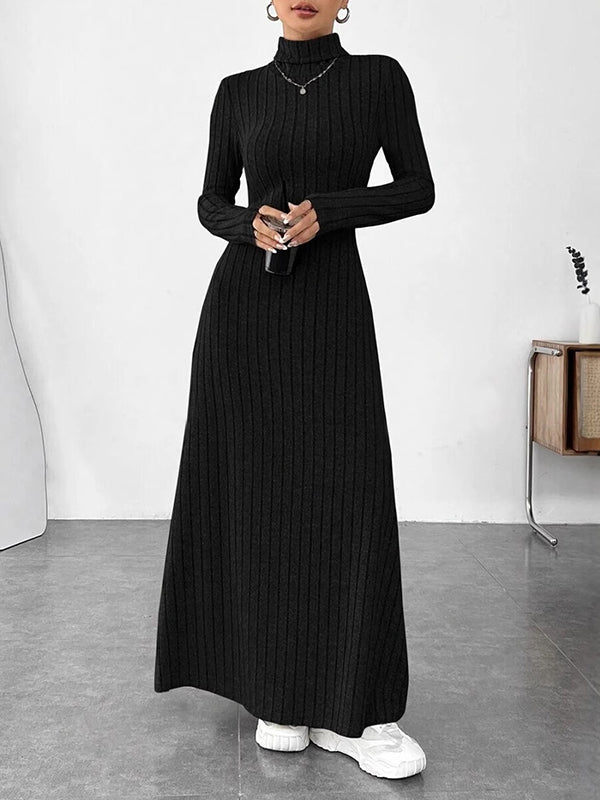 Olivia Bennet | Long Sleeves Pleated Solid Color Split-Joint High Neck Maxi Dresses