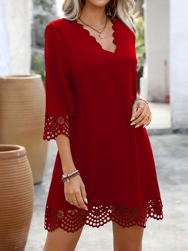 Olivia Bennet | A-Line Loose Hollow Solid Color V-Neck Mini Dresses