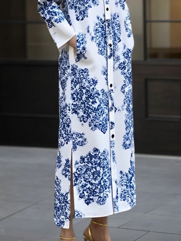 Olivia Bennet | Long Sleeves Buttoned Printed Split-side Lapel Maxi Dresses Shirt Dress