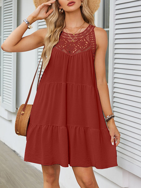 Olivia Bennet | A-Line Loose Hollow Pleated Solid Color Split-Joint Round-Neck Mini Dresses