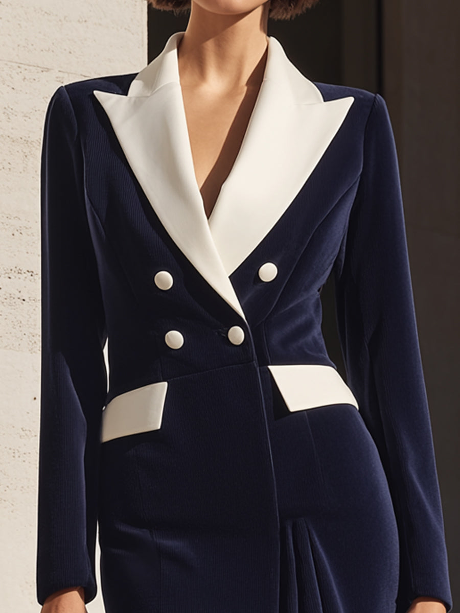 Olivia Bennet | Navy Contrast-Lapel Double-Breasted Blazer Dress