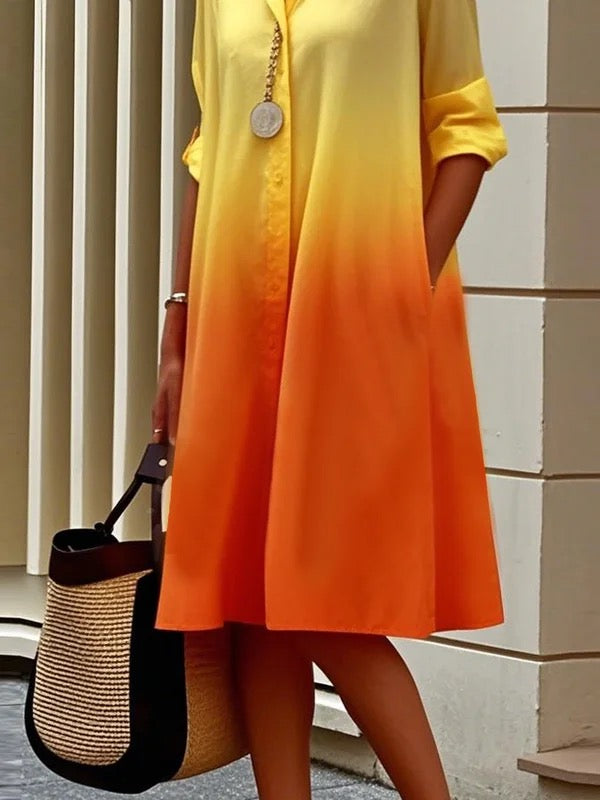 Olivia Bennet | Long Sleeves Loose Buttoned Contrast Color Gradient Lapel Midi Dresses Shirt Dress