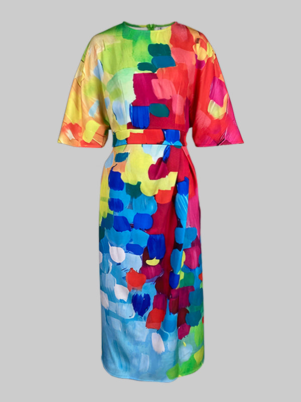 Olivia Bennet | Loose Asymmetric Split-Joint Tied Waist Round-Neck Midi Dresses