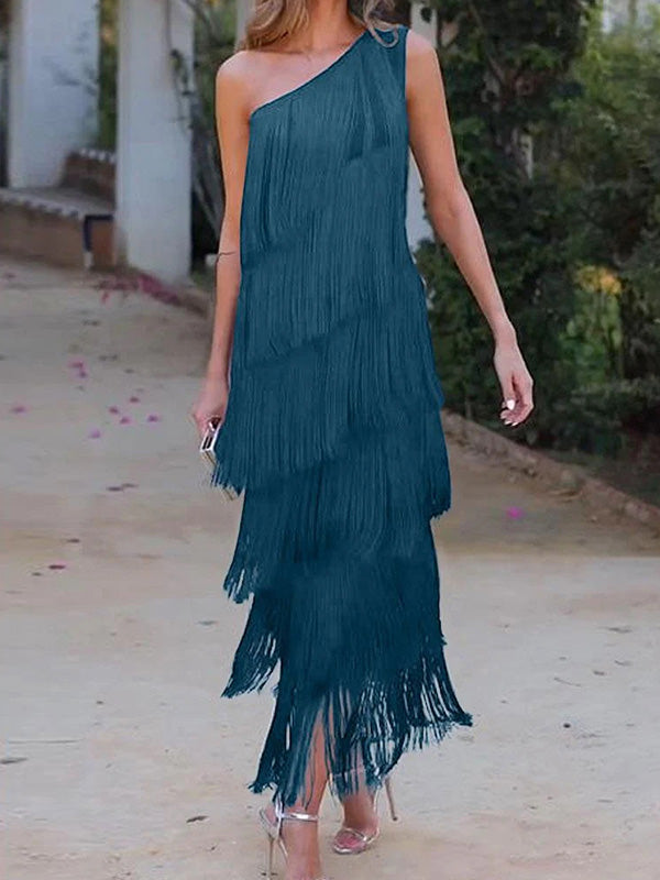 Olivia Bennet | Loose Sleeveless Asymmetric Solid Color Split-Joint Tasseled One-Shoulder Maxi Dresses