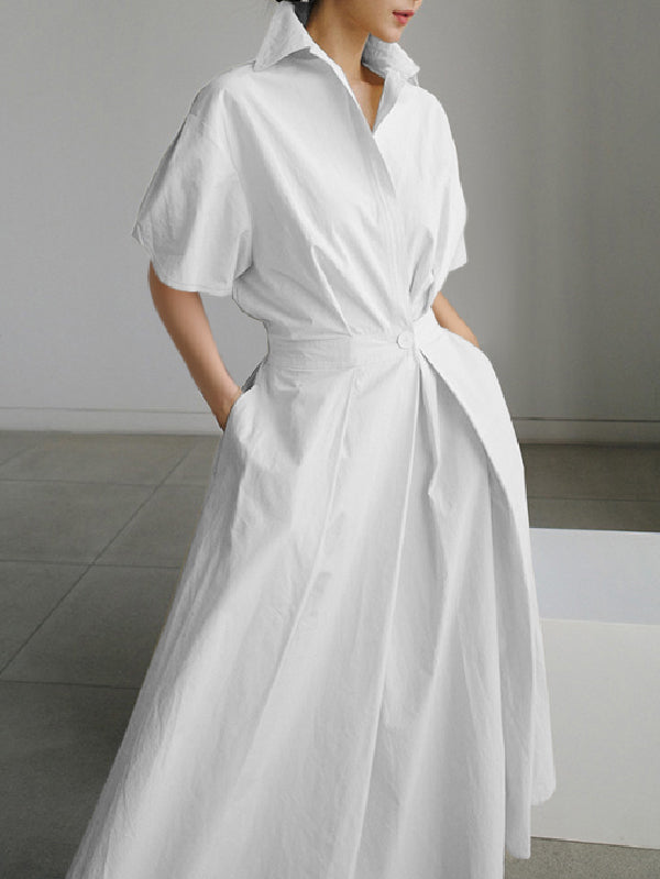 Olivia Bennet | High Waisted Loose Pleated Solid Color V-Neck Midi Dresses
