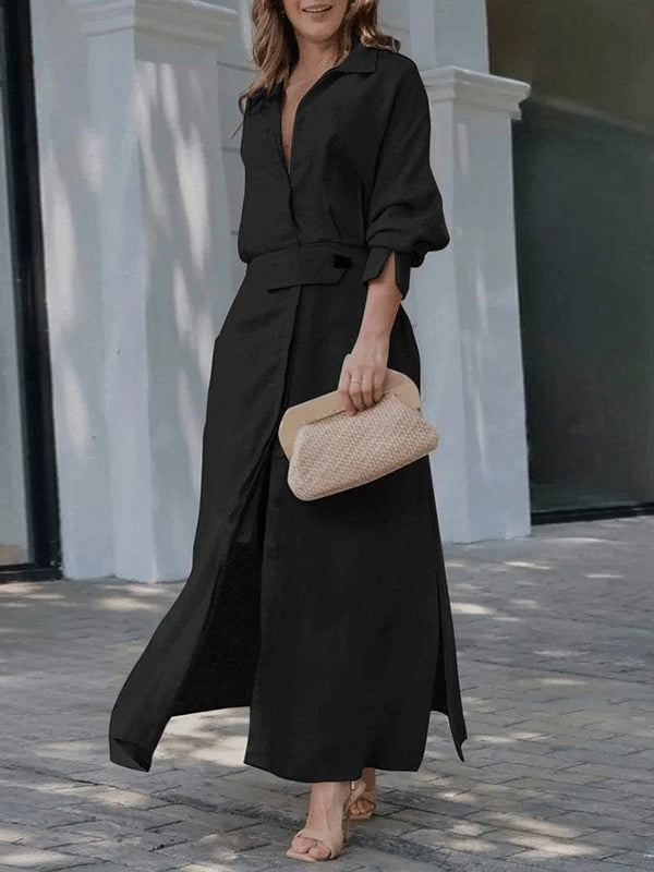 Olivia Bennet | Long Sleeves Loose Split-Joint Split-Side V-Neck Maxi Dresses Shirt Dress