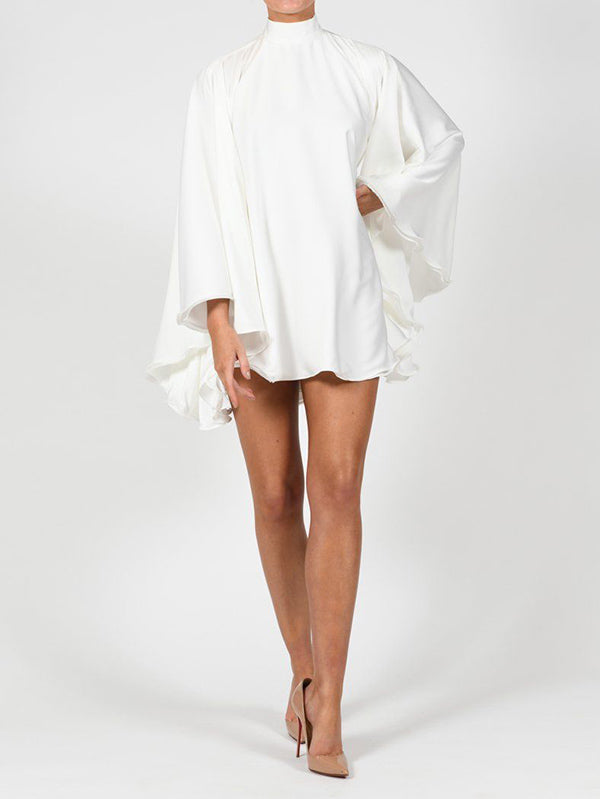 Olivia Bennet | Solid Color High-Neck Backless Flared Sleeves Mini Dress