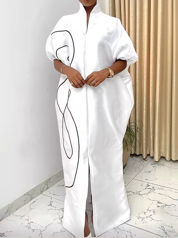 Olivia Bennet | Half Sleeves Loose Elasticity Printed Split-Front Stand Collar Maxi Dresses