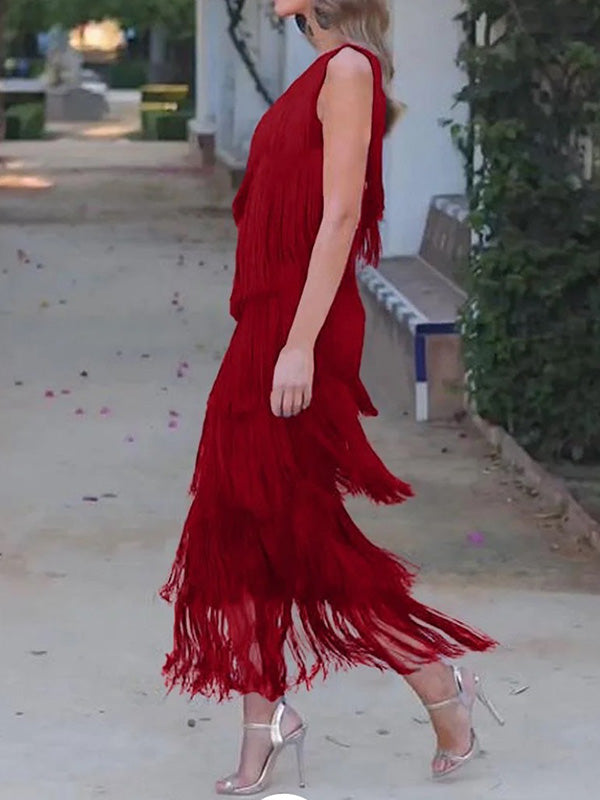 Olivia Bennet | Loose Sleeveless Asymmetric Solid Color Split-Joint Tasseled One-Shoulder Maxi Dresses