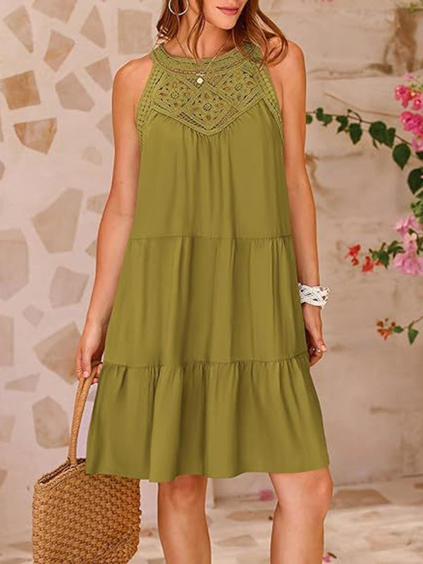 Olivia Bennet | A-Line Loose Hollow Pleated Solid Color Split-Joint Round-Neck Mini Dresses