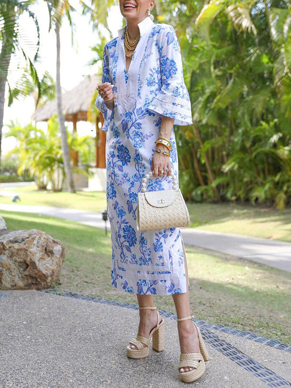 Olivia Bennet | Flared Sleeves Loose Flower Print Split-Joint Split-side Deep V-Neck Midi Dresses