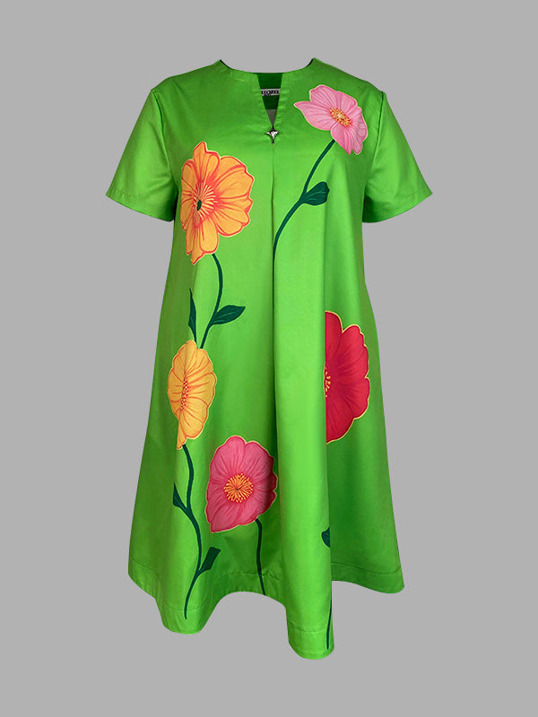 Olivia Bennet | A-Line Loose Flower Print V-Neck Midi Dresses