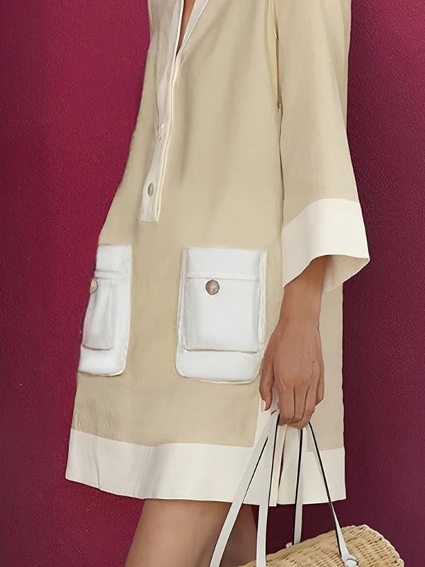 Olivia Bennet | A-Line Loose Buttoned Contrast Color Pockets Stand Collar Mini Dresses