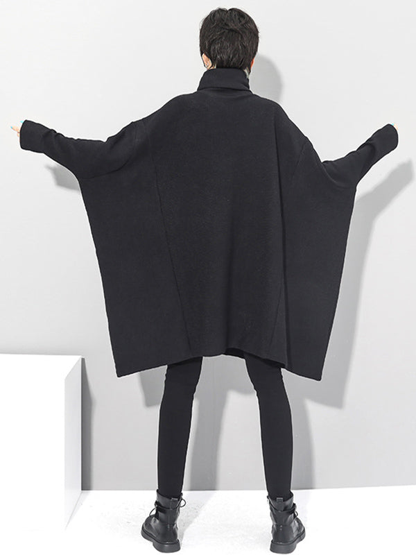 Olivia Bennet | Super Loose Black High-Neck Knitting Batwing Sleeves Sweater Dress