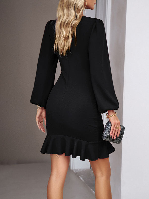 Olivia Bennet | Bodycon Long Sleeves Falbala Solid Color Mini Dresses