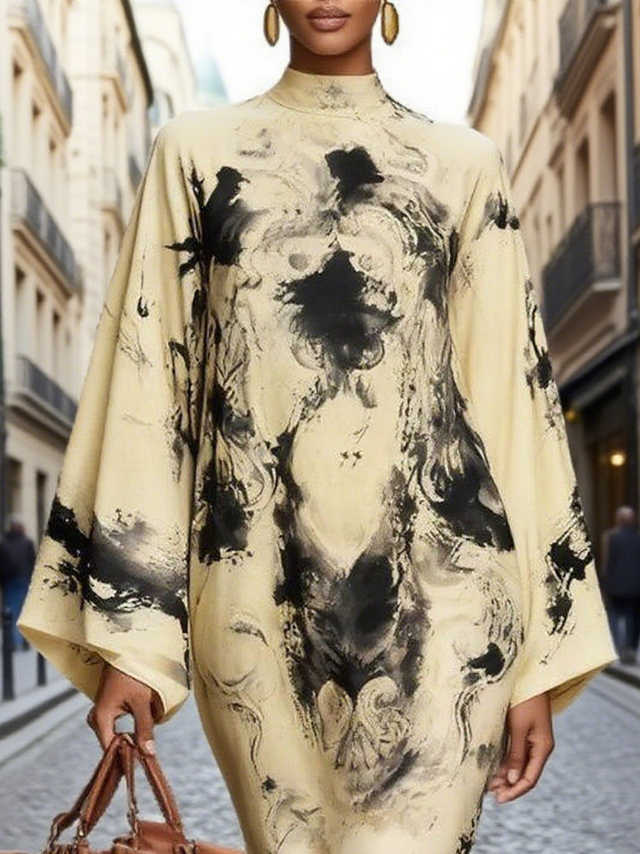 Olivia Bennet | Long Sleeves Loose Contrast Color Printed Mock Neck Midi Dresses