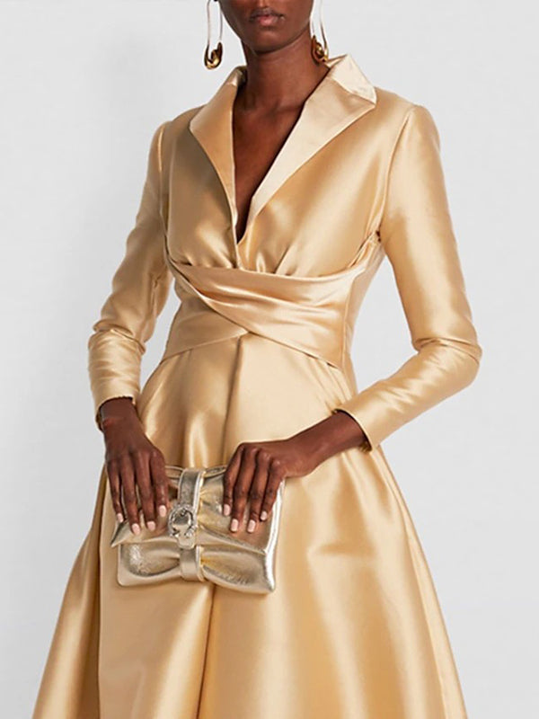 Olivia Bennet | A-Line High Waisted Pleated Solid Color V-Neck Maxi Dresses