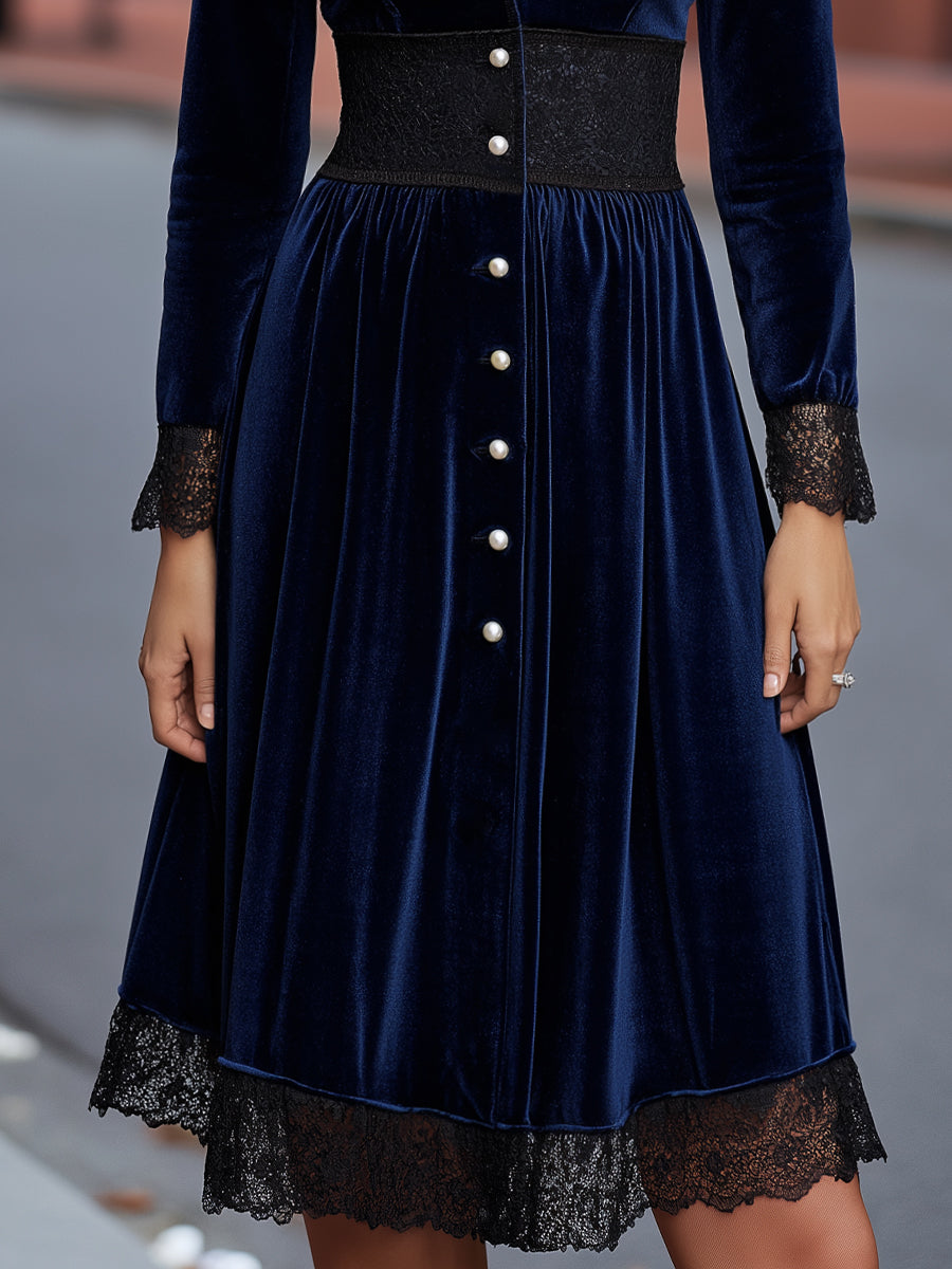 Olivia Bennet | Black Lace-Trim Button-Front Velvet Midi Dress