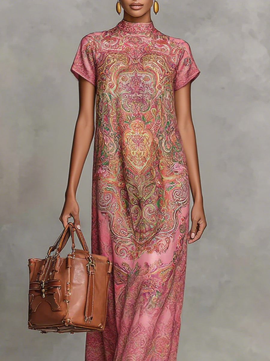 Olivia Bennet | Loose Short Sleeves Contrast Color Flower Print Mock Neck Maxi Dresses