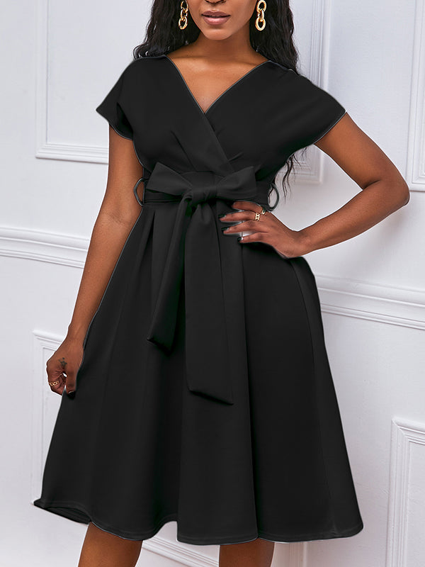 Olivia Bennet | Bowknot Lace-Up Solid Color V-Neck Midi Dresses