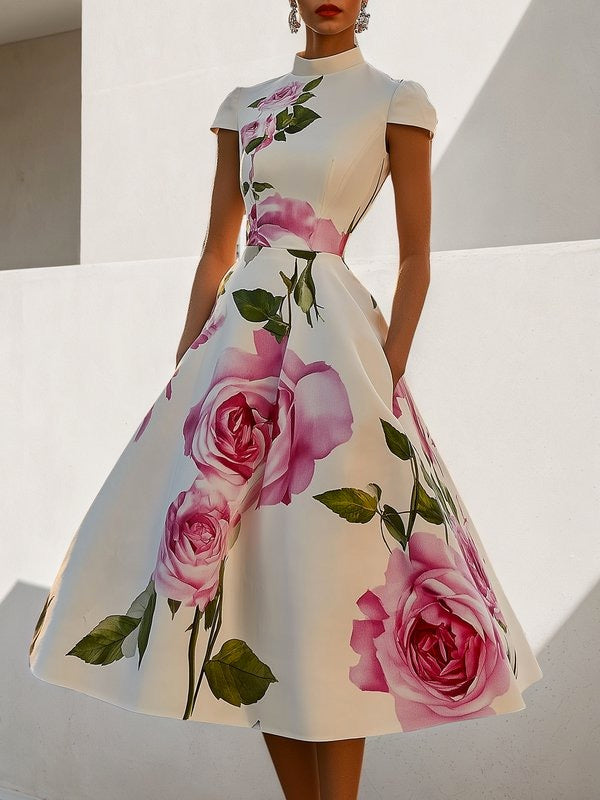 Olivia Bennet | Short Sleeves Skinny Flower Print Stand Collar Midi Dresses