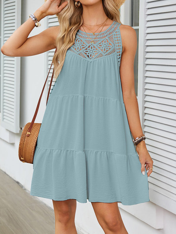 Olivia Bennet | A-Line Loose Hollow Pleated Solid Color Split-Joint Round-Neck Mini Dresses