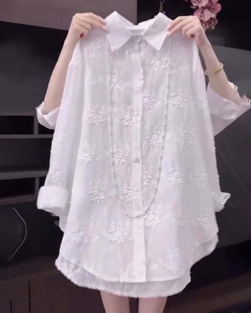 Olivia Bennet| Embroidered Shirt Solid Color Dropped Shoulders
