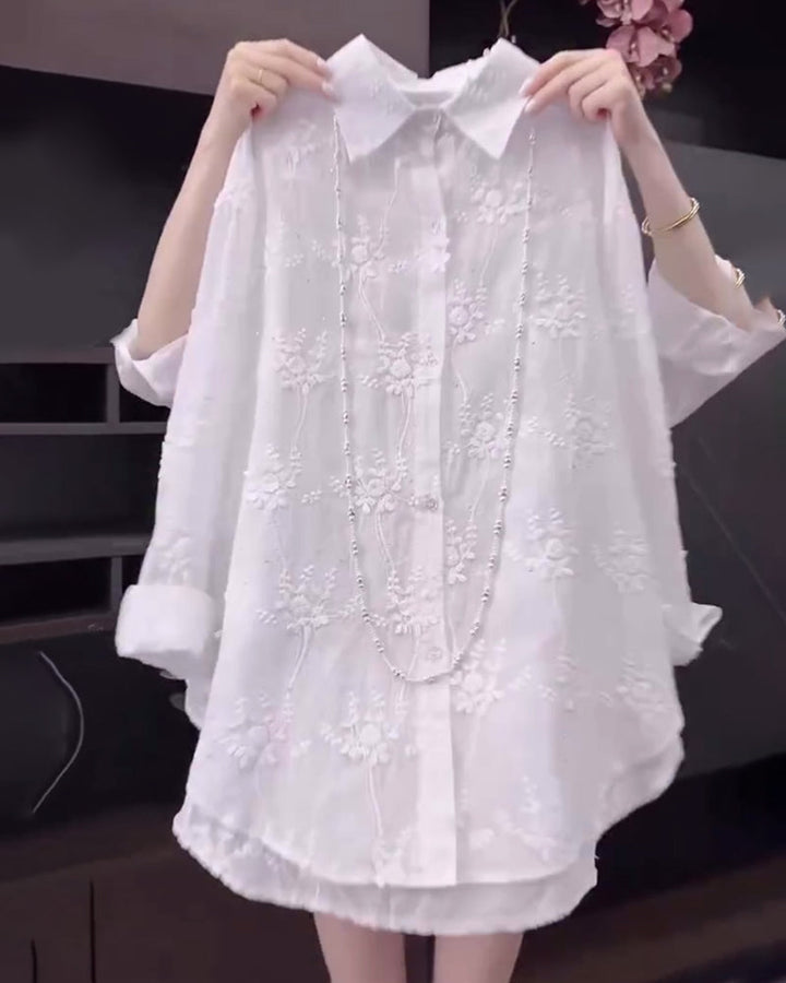 Olivia Bennet| Embroidered Shirt Solid Color Dropped Shoulders
