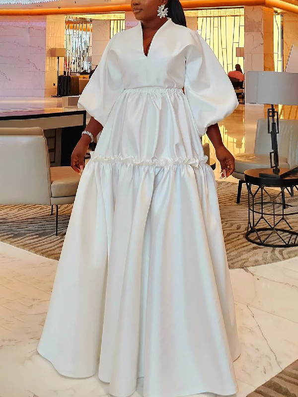 Olivia Bennet | High Waisted Puff Sleeves Falbala Solid Color V-Neck Maxi Dresses