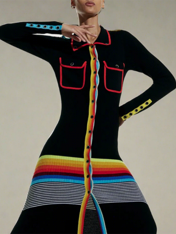 Olivia Bennet | Long Sleeves Skinny Buttoned Contrast Color Striped Lapel Maxi Dresses Shirt Dress