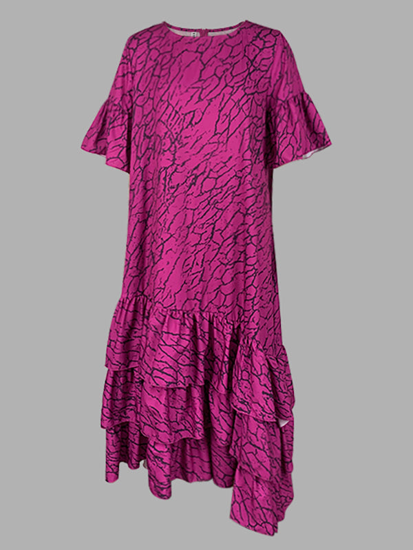 Olivia Bennet | Flared Sleeves Half Sleeves Asymmetric Layered Pleated Printed Ruffle Trim Round-Neck Maxi Dresses