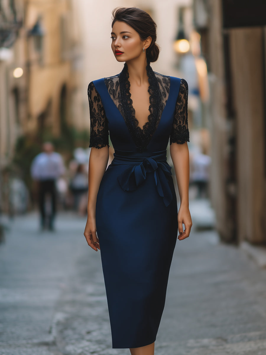 Olivia Bennet | Elegant Lace-Trim V-Neck Belted Midi Dress