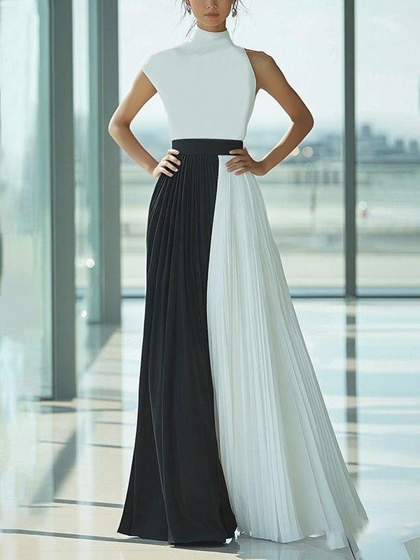 Olivia Bennet | High Waisted Loose Contrast Color Pleated Mock Neck Maxi Dresses