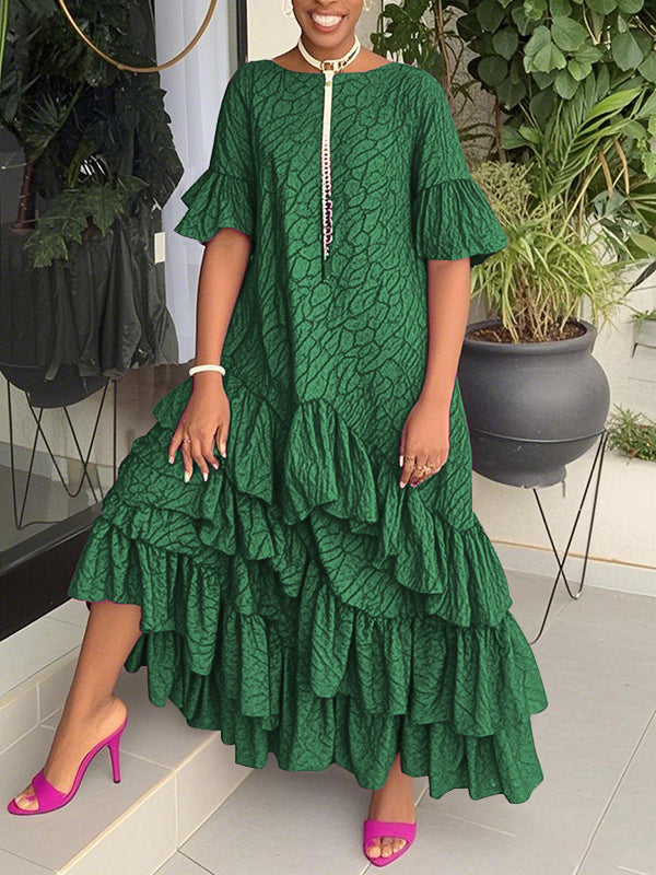 Olivia Bennet | Flared Sleeves Half Sleeves Asymmetric Layered Pleated Printed Ruffle Trim Round-Neck Maxi Dresses