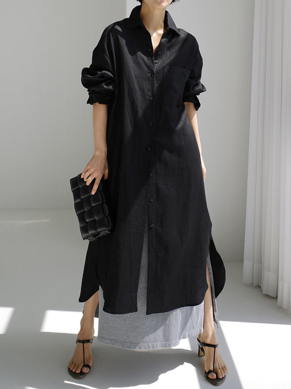 Olivia Bennet | Simple Long Sleeves Split-Side Solid Color Lapel Midi Dresses Shirt Dress