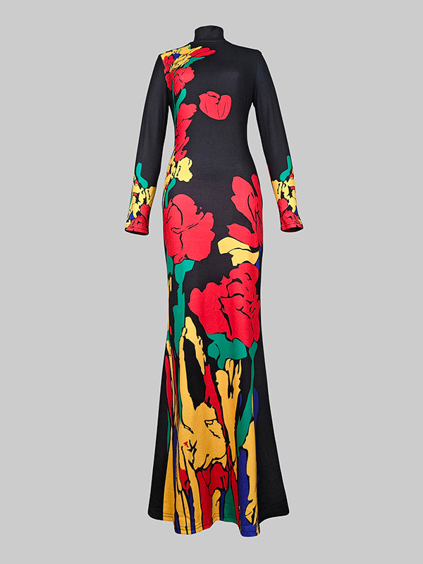 Olivia Bennet | Skinny Flower Print Multi-Colored High Neck Maxi Dresses
