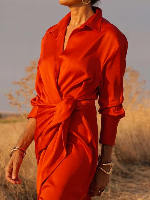 Olivia Bennet | Long Sleeves Loose Solid Color Lapel Collar Maxi Shirt Dresses
