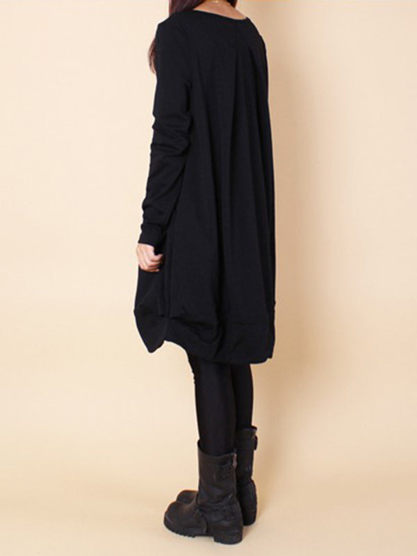 Olivia Bennet | A-line Long Sleeves Pleated Solid Color Round-neck Dresses Maxi Dresses
