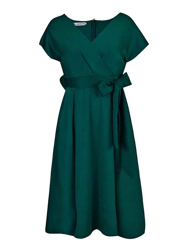 Olivia Bennet | Bowknot Lace-Up Solid Color V-Neck Midi Dresses