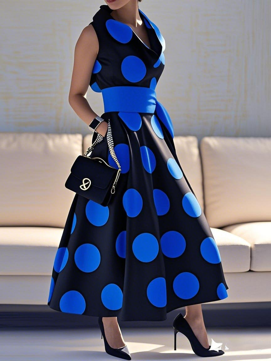 Olivia Bennet | A-Line Loose Pockets Polka-Dot Split-Joint Tied Waist Lapel Maxi Dresses Shirt Dress